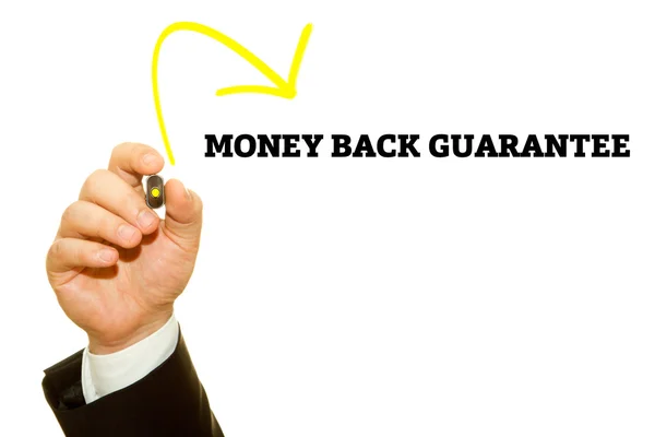 Kézi írás "Pénz-visszafizetési garancia", marker, átlátszó megtöröl táblán. — Stock Fotó