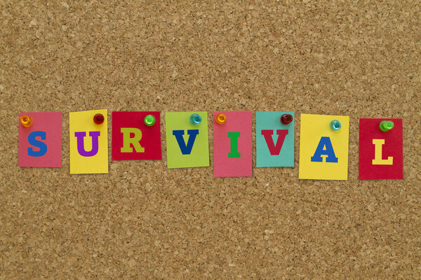 Survival word written on colorful sticky notes pinned on cork board.