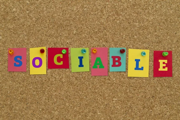 Sociable Word Written Colorful Sticky Notes Pinned Cork Board — Stock Photo, Image