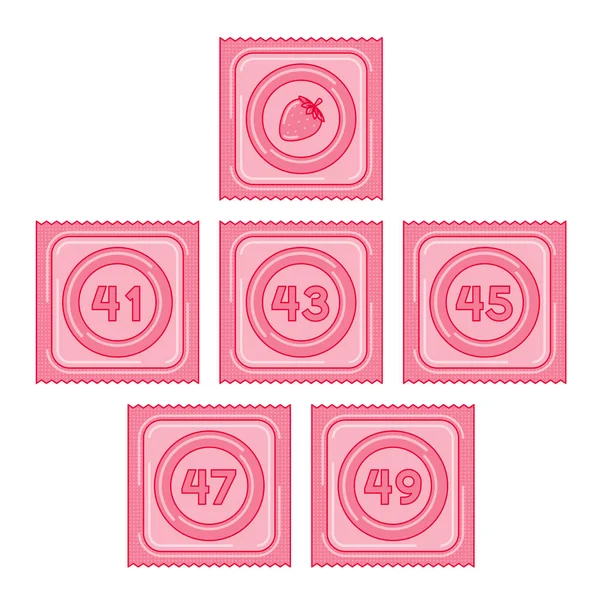 Preservativo com sabor de morango em embalagens de 41, 43, 45, 47 e 49 ilustrações —  Vetores de Stock