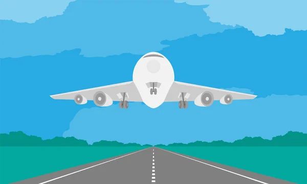 Aviones o aviones aterrizando o despegando en pista en ilustración diurna — Vector de stock
