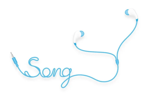 Auriculares, en el tipo de oído de color azul y texto de la canción hecha de cable — Archivo Imágenes Vectoriales