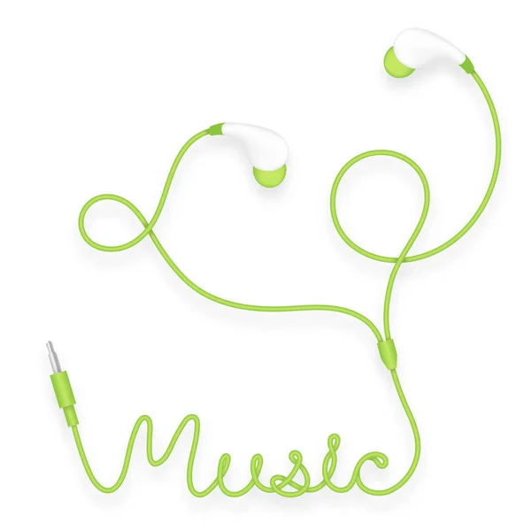 Earphones, In Ear type green color and music text made from cable — Stock Vector