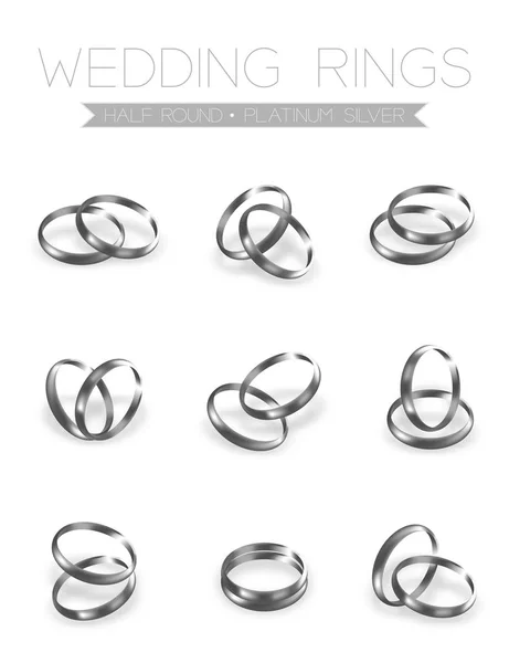 Wedding rings platinum silver half round style compose design — Stock Vector