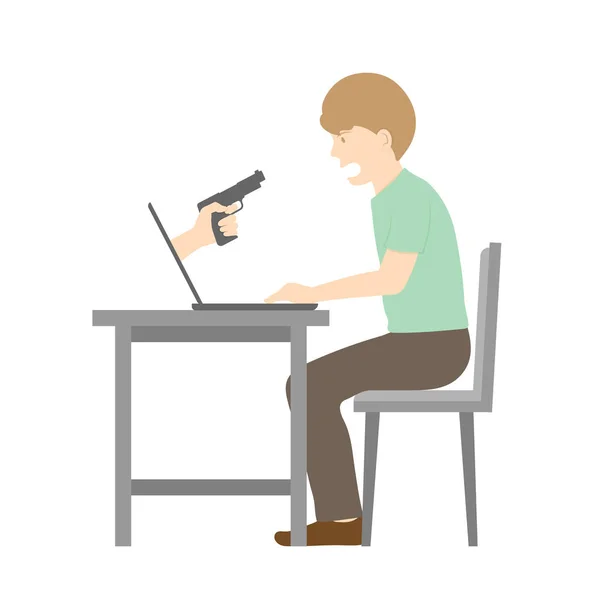 Opfer von Internet-Cyber-Kriminalität Konzept Idee Mann, Laptop und Hand halten Pistole Illustration — Stockvektor