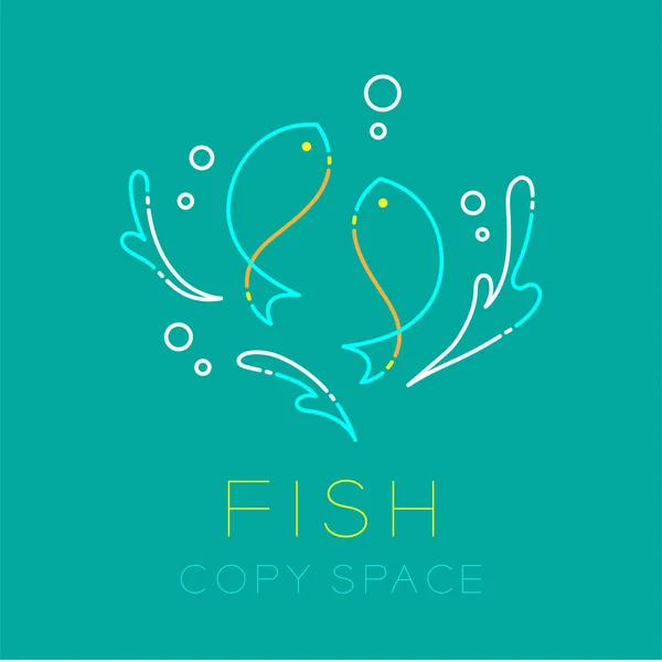 Dois peixes ou peixes, respingo de água e ícone do logotipo da bolha de ar — Vetor de Stock