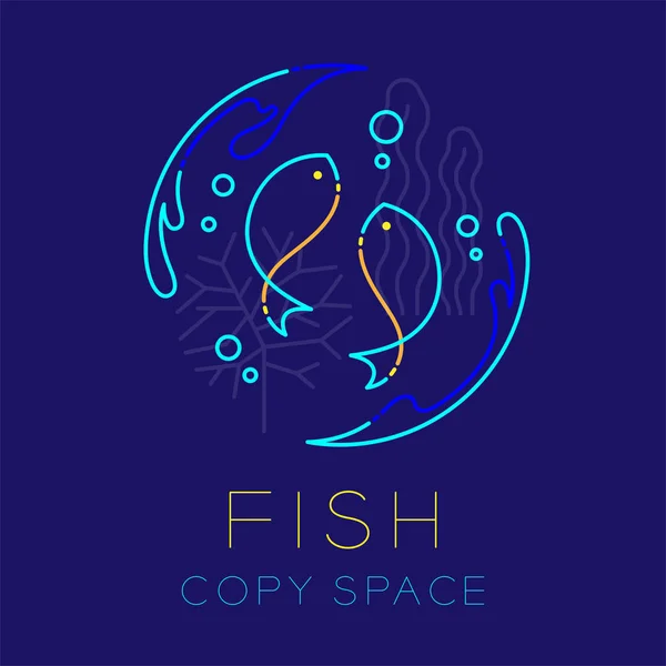 Dois peixes ou peixes, respingo de água, coral, algas marinhas e ícone do logotipo da bolha de ar — Vetor de Stock