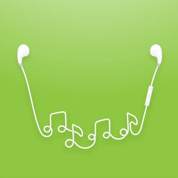 Fones de ouvido sem fio e remoto, tipo fone de ouvido cor branca e símbolo de nota de música feita a partir de cabo — Vetor de Stock