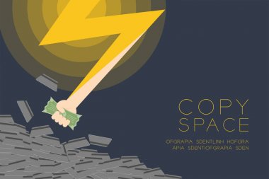 Şimşek yıldırım el nakit seti mobil online alışveriş konsepti illüstrasyon kopya alanı ile karanlık arka plan izole bir sürü arasında nakit etkisi tutarak