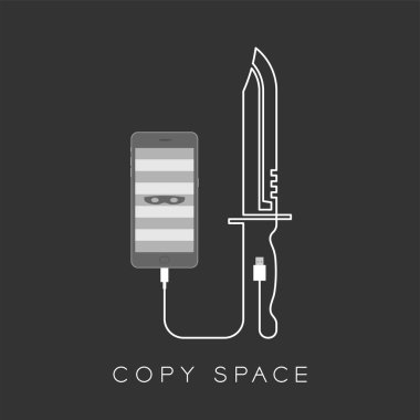 Usb veri kablosu kümesinden yapılan ekran ve bıçak şekli hırsız maskesi sembolü ile Smartphone