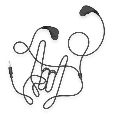 Kulaklıklar, kulak içinde türü siyah renk ve Rock el işaret dili kopya alanı ile beyaz arka plan üzerinde izole kablosu yapılmış