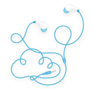 Kulaklıklar, kulak içinde türü mavi renk ve Rock el işaret dili kopya alanı ile beyaz arka plan üzerinde izole kablosu yapılmış