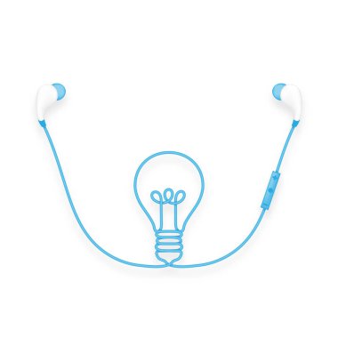 Kulaklıklar kablosuz ve uzak, içinde kulak tipi mavi renk ve ışık ampul simgesi kopya alanı ile beyaz arka plan üzerinde izole kablosu yapılmış