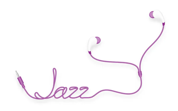 イヤホン 耳で紫の種類色およびコピー スペースと 白い背景で隔離のケーブルから作られたジャズ テキスト — ストックベクタ
