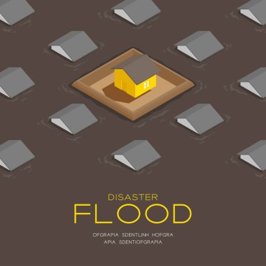 Baraj duvarı 3d izometrik desenli ev, sel felaketi konsepti posteri ve sosyal afiş kare tasarım illüstrasyonlu ev fotokopi alanı ile kahverengi arkaplanda izole edilmiş, vektör 10
