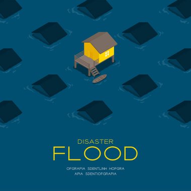 Tekne 3D izometrik desenli ev, sel felaketi konsepti posteri ve sosyal afiş post kare tasarım illüstrasyonlu ev kopya alanı ile mavi arkaplanda izole edilmiş, vektör 10