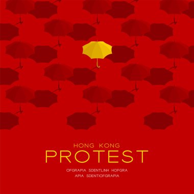 Sarı şemsiye 3d izometrik desen, Hong Kong suçlu iadesini protesto ediyor hukuki problem konsepti posteri ve sosyal afiş kare tasarım illüstrasyonu kırmızı arkaplanlı, vektör