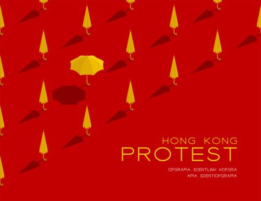 Sarı şemsiye 3d izometrik desen, Hong Kong suçlu iadesini protesto ediyor hukuki problem konsepti posteri ve sosyal afiş yatay tasarım illüstrasyonu kırmızı arka planda izole edilmiş, vektör