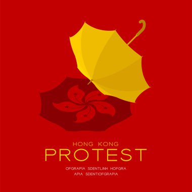 Gölge 3 boyutlu izometrik desenli sarı şemsiye, Hong Kong suçlu iadesini protesto eden hukuki problem konsepti posteri ve sosyal afiş sonrası kırmızı arkaplanda izole edilmiş kare tasarım illüstrasyonu, vektör