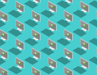 Bilgisayar hepsi üç boyutlu izometrik desenli, Malware virüs koruma konsepti posteri ve sosyal afiş yatay tasarım illüstrasyonunda yeşil arkaplanda izole edilmiş, vektör 10