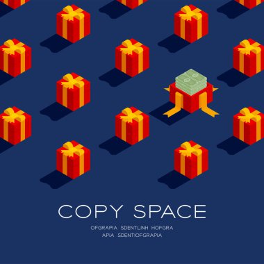 Hediye kutusu, banknot yığını 3D izometrik desen, Noel ve Mutlu Yıllar sürpriz bonus konsept posteri ve afiş kare tasarım illüstrasyonlu mavi arka plan, vektör alanı,