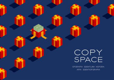 Banknot yığını 3D izometrik desenli hediye kutusu, Noel ve Mutlu Yıllar sürpriz bonus konsept posteri ve mavi arka planda mavi arkaplan, vektör alanı, vektör vektör çizimi