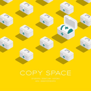 İlk yardım çantası 3d izometrik desen, antibiyotik konsept posteri ve afiş kare çizimi kurtarın kopya alanı ile sarı arkaplanda izole edilmiş, vektör 10