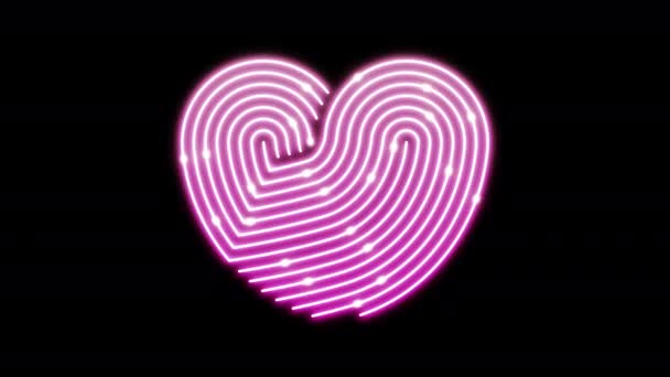 心脏霓虹灯线照明移动模式粉色色彩 科技网络数码数据传输 情人节概念设计 发光在黑色背景无缝环路动画4K与复制空间 — 图库视频影像