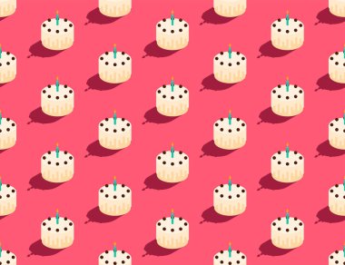 Mum 3 boyutlu izometrik desenli beyaz çikolatalı pasta, Mutlu Yıllar konsepti posteri ve sosyal afiş postası tasarım illüstrasyonları pembe arka planda izole edilmiş vektör alanı,