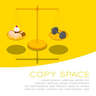 Pul 3 boyutlu izometrik desen üzerine pasta ve Dumbbell, pastane sağlıklı beslenme veya kilo verme konsepti posteri ve sosyal afiş kare çizimi sarı arka planda izole edilmiş vektör çizimi,