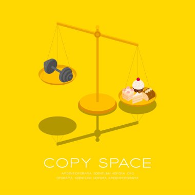 Pul 3 boyutlu izometrik desen üzerine pasta ve Dumbbell, pastane sağlıklı beslenme veya kilo verme konsepti posteri ve sosyal afiş kare çizimi sarı arka planda izole edilmiş vektör çizimi,