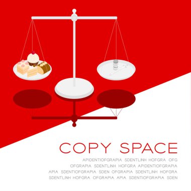 3 boyutlu izometrik desen üzerine pasta ve insülin, Diyabet tıbbi konsept posteri ve kırmızı arkaplanda izole edilmiş sosyal afiş kare tasarım illüstrasyonu, vektör çizimi