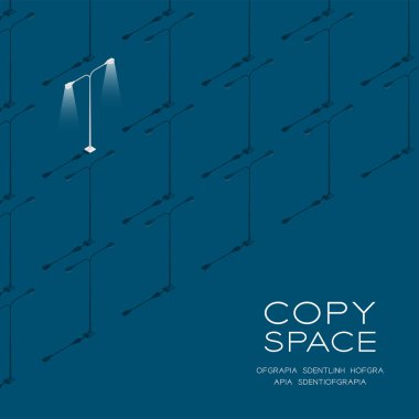 Sokak lambası 3d izometrik desen, elektrik trafik ekipmanları konsepti posteri ve sosyal afiş kare tasarım illüstrasyonu mavi arkaplan üzerinde izole edilmiş fotokopi alanı, vektör 10