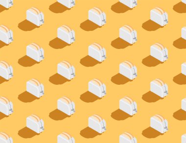 Dilimlenmiş ekmekli tost makinesi 3d izometrik dikişsiz desen, kahvaltı fırını konsepti posteri ve sosyal afiş postası tasarım illüstrasyonu krema arkaplanına izole edilmiş fotokopi alanı, vektör 10