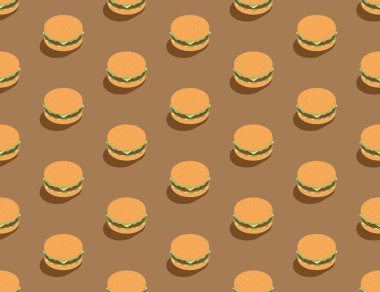 Hamburger 3d izometrik, dikişsiz desen, Fast Food burger konsept posteri ve sosyal afiş tasarım illüstrasyonu kahverengi arka planda izole edilmiş, vektör 10