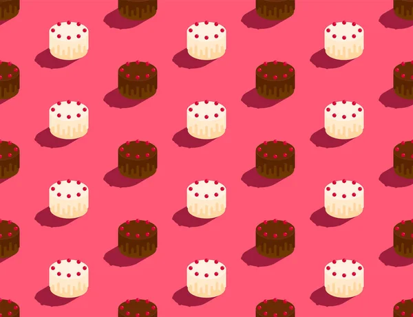 Mörk och vit choklad tårta med körsbär 3d isometriskt sömlöst mönster, Happy Birthday firande koncept affisch och social banner inlägg design illustration på rosa bakgrund med utrymme, vektor — Stock vektor