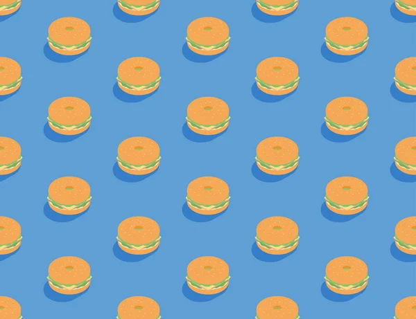 Bagel smörgås 3d isometriskt sömlöst mönster, Snabb mat hamburgare koncept affisch och social banner post design illustration isolerad på brun bakgrund med kopia utrymme, vektor eps 10 — Stock vektor