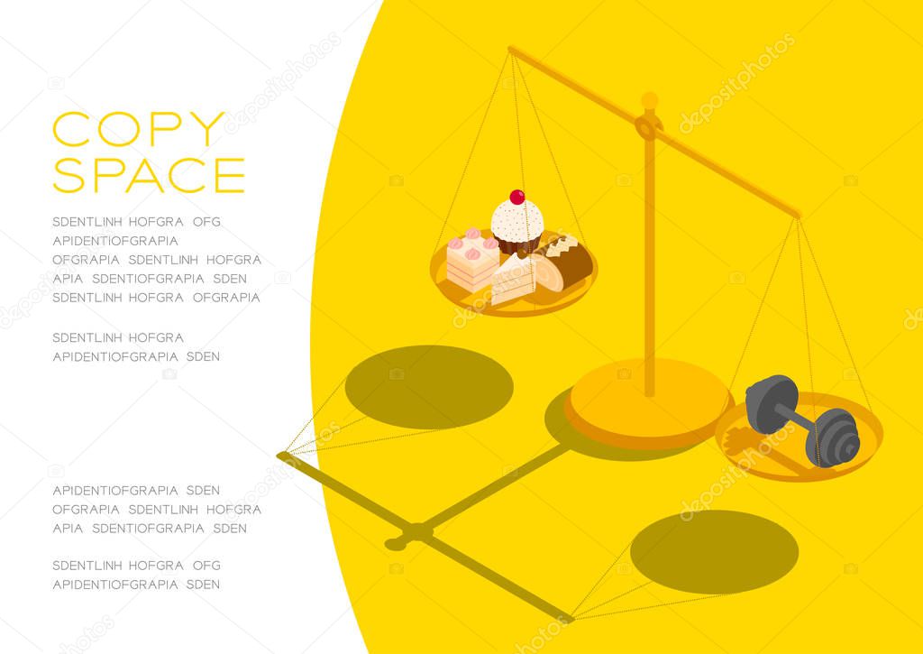 Cake and Dumbbell on Scales 3D isometric pattern, Bakery healthy diet or lose weight concept poster and social banner horizontal post design illustration isolated on yellow background, vector