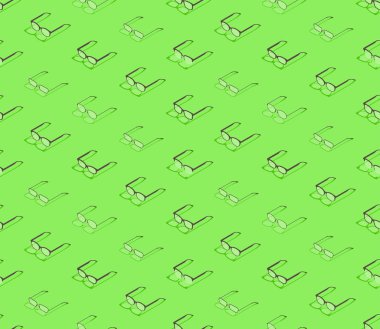 Gözlüklü 3d izometrik desen, gözlüklü moda ürün konsepti posteri ve sosyal afiş tasarım illüstrasyonu kopya alanı ile izole edilmiş yeşil arkaplan, vektör 10