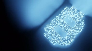 Bitcoin kripto para işareti ve sembol parlak fütüristik parçacık 3d küp çokgen deseni, iş finansmanı engelleme teknolojisi konsepti siyah arkaplan animasyon animasyonu 4k