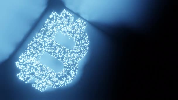 Знак Символ Криптовалюты Биткоин Сверкают Футуристическим Трехмерным Рисунком Многоугольника Концепция — стоковое видео