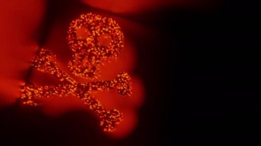 Kafatası ve çapraz kemikler işaret ve sembol parlak fütüristik parçacık 3d küp çokgen deseni, Virüs tehlikeli hacker konsepti tasarımı siyah arkaplan animasyonu 4k