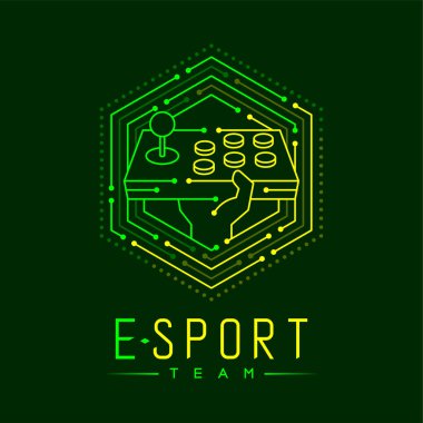Esport logo simgesi vuruşu altıgen çerçevesinde, Arcade dövüş oyun teçhizatı sopa ile koyu yeşil arkaplan üzerinde izole Esport Team metin ve kopyalama alanı, vektör 10