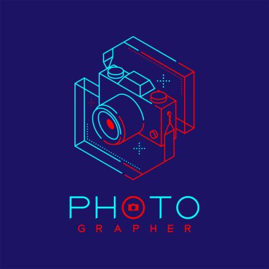 Boyun askısı kamera tasarımı illüstrasyonundan yapılan fotoğraf çerçevesinde üç boyutlu izometrik fotoğrafçı logosu ana hatları vuruşu koyu mavi arkaplan üzerinde izole edilmiş fotoğrafçı metni ve kopyalama alanı, vektör 10