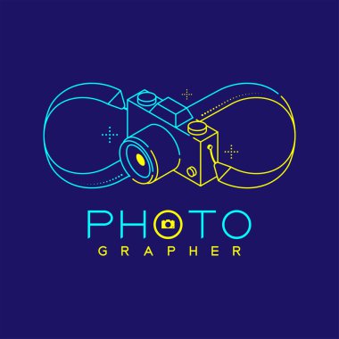 3D izometrik fotoğrafçı logosu, boynundaki kamera tasarımı illüstrasyonundan yapılmış sonsuzluk işareti ile, fotoğrafçı metni ve kopyalama uzayı ile izole edilmiş, vektör izdüşümünde.