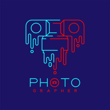 Erimiş kamera tasarımı illüstrasyonlu fotoğraf logosu vuruşu koyu mavi arkaplanda izole edilmiş fotoğrafçı metni ve kopyalama uzayı, vektör 10