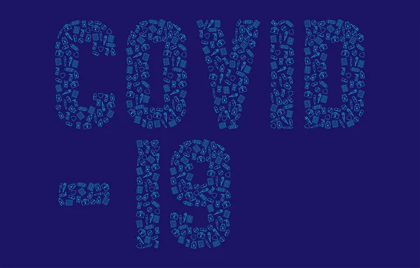 Covid Text Medicine Zařízení Ikony Vzor Obrys Mrtvice Pandemic Koronavirus — Stockový vektor