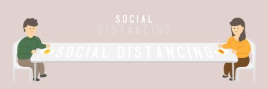 Karantina Erkeği ve Kadını yemeklerini yedikten sonra korunmak için mesafelerini korurlar. Covid-19 salgını, sosyal mesafeler ev konsepti posterinde veya arka planda fotokopi alanı, vektör alanı ve sosyal afiş illüstrasyonunda kalırlar.