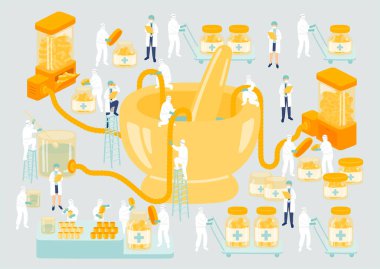 Medikal Personel Ekibi Yönetimi Minyatür Toplama Laboratuvarı personeli üreten COVID-19 tıp laboratuarı metaforu Posteri veya sosyal afiş illüstrasyonu izole edilmiş