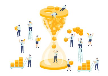 Çalışma zamanı çalışan ekip çalışması minyatür ekip elemanları minyatür insanlar ve kum saati iş metaforu konsepti poster veya sosyal afiş tasarımı beyaz arkaplanda izole edilmiş vektör ilüstrasyonu